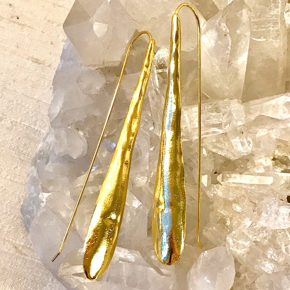Elongated Golden Drop Earrings - Picture 2 of 7